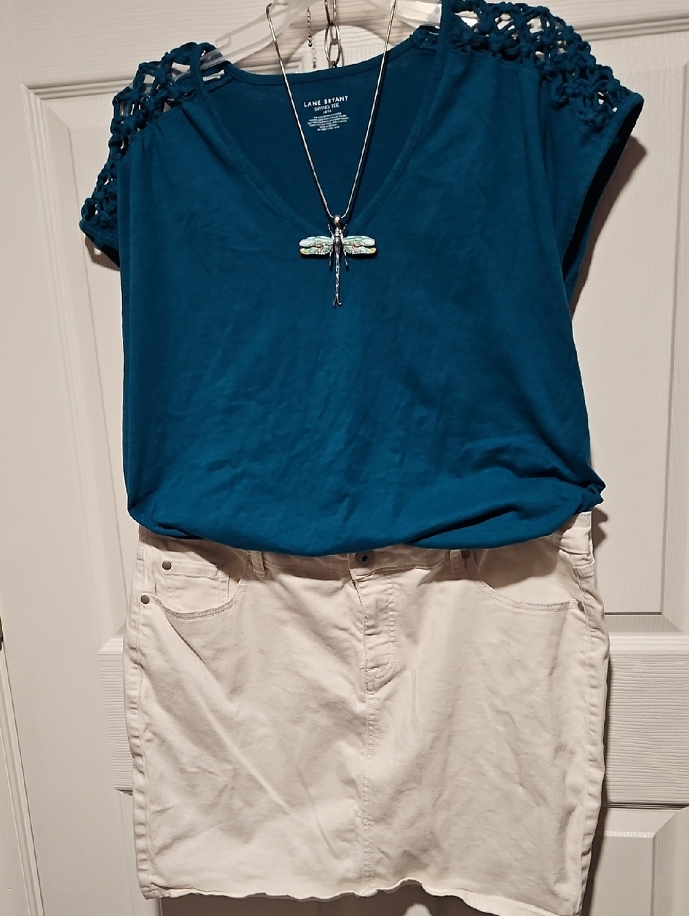 Lane Bryant Teal V-Neck Tank with Crochet Shoulder Detail